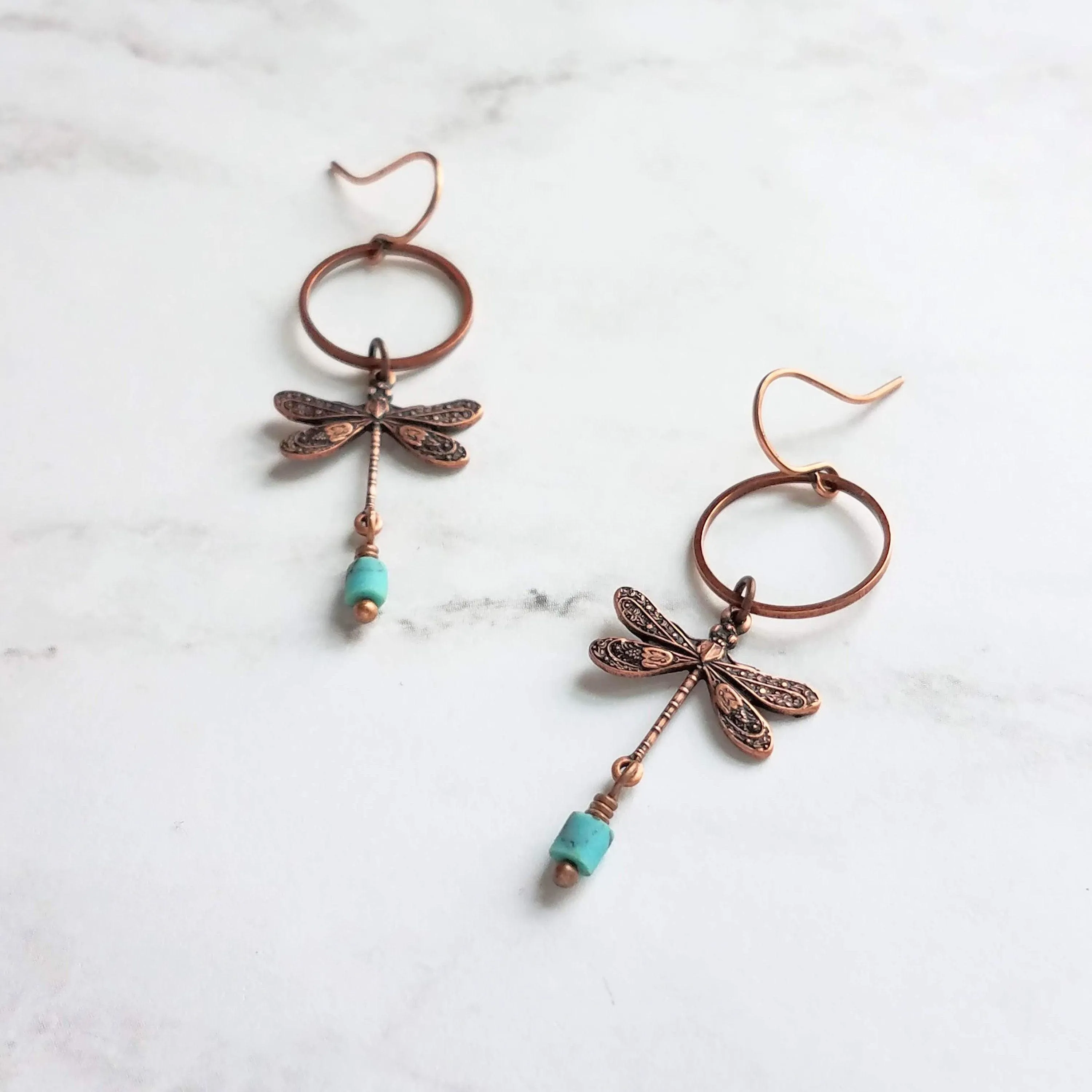 Dragonfly Earrings, bug earring, small dragonfly, rustic copper, antique copper earring, ornate earring, dragonflies copper turquoise dangle