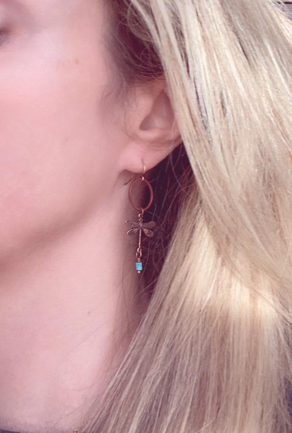 Dragonfly Earrings, bug earring, small dragonfly, rustic copper, antique copper earring, ornate earring, dragonflies copper turquoise dangle