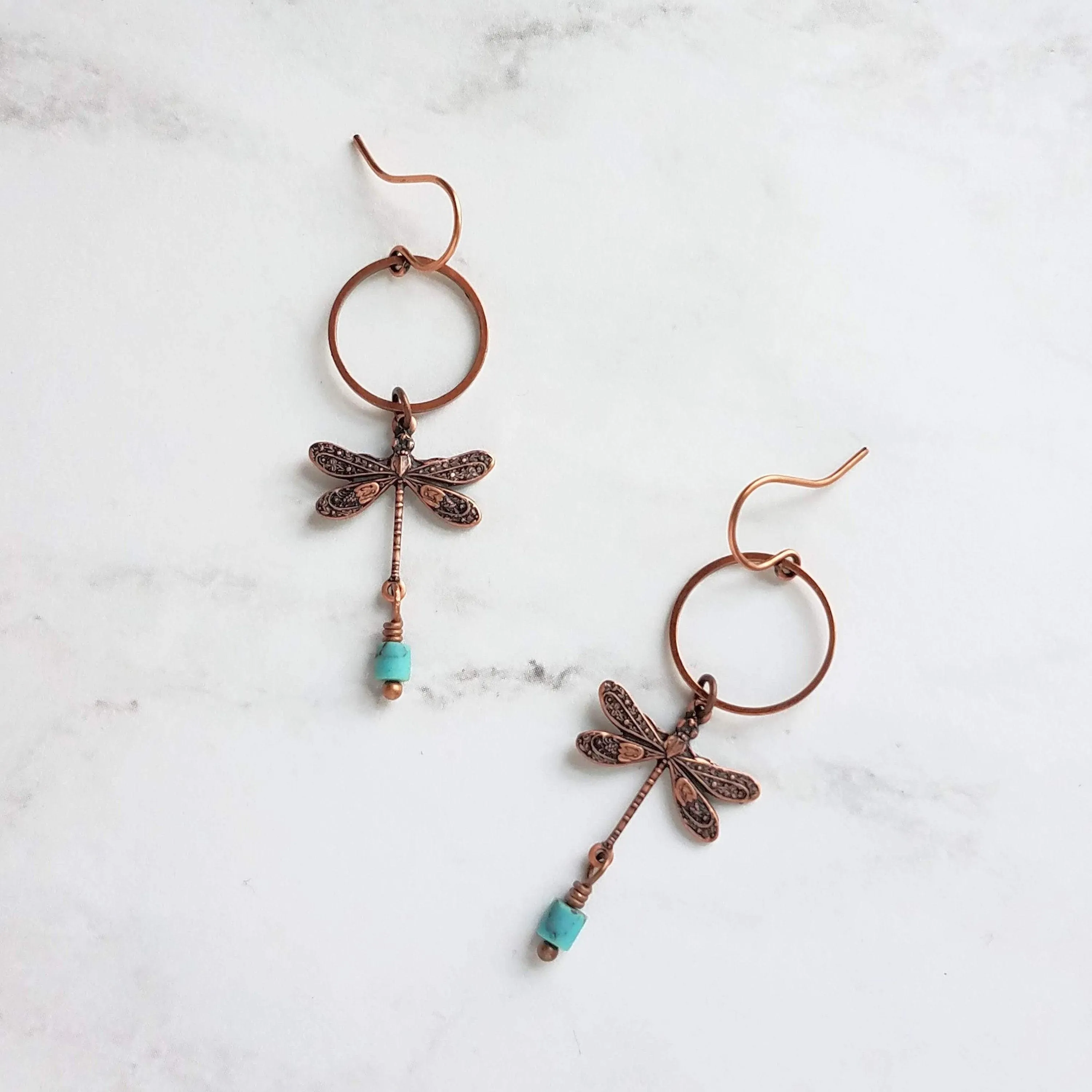 Dragonfly Earrings, bug earring, small dragonfly, rustic copper, antique copper earring, ornate earring, dragonflies copper turquoise dangle