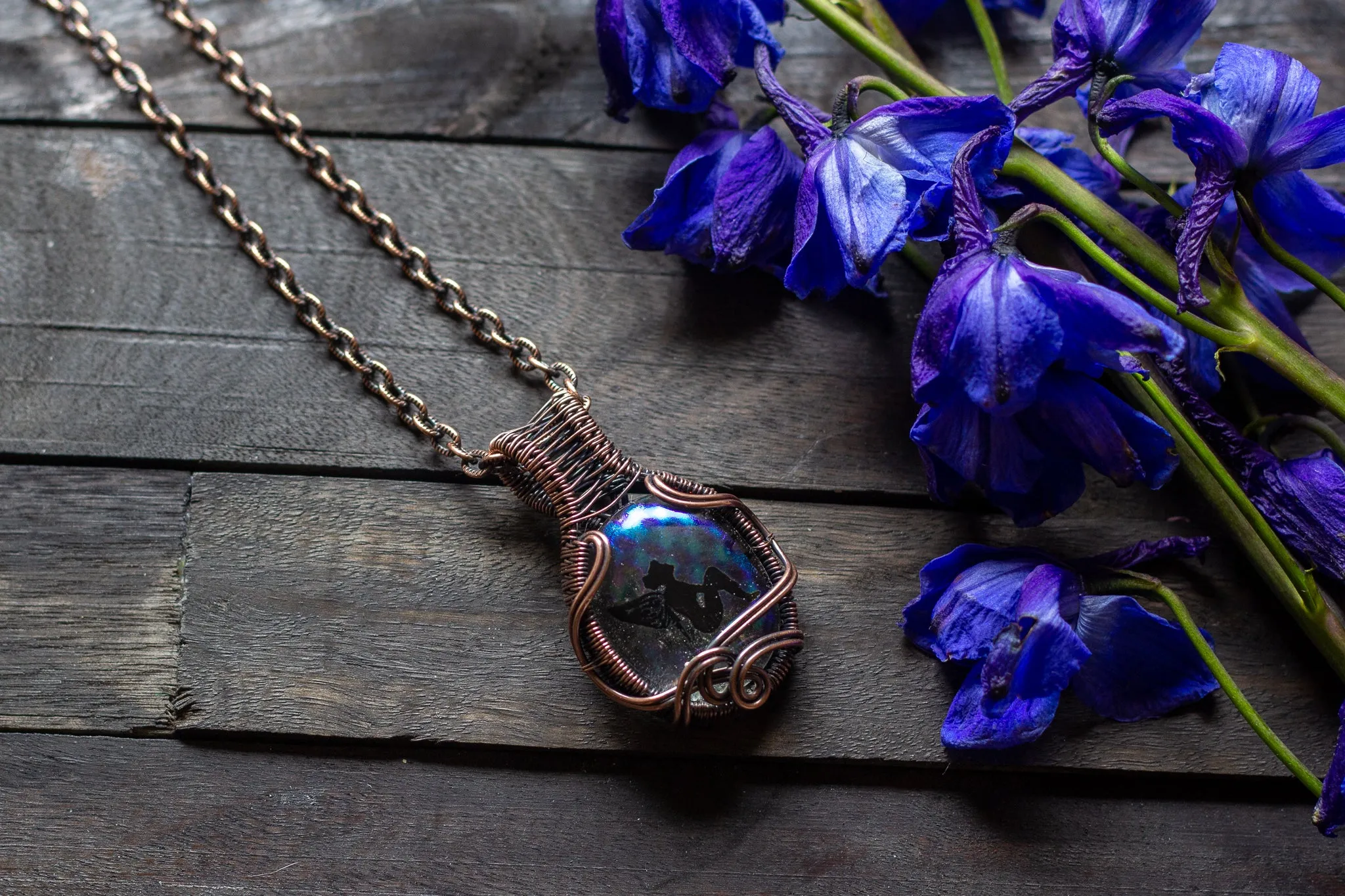 Dreamy Fairy Pendant on Iridescent Fused Glass with Copper Wire Wrapping
