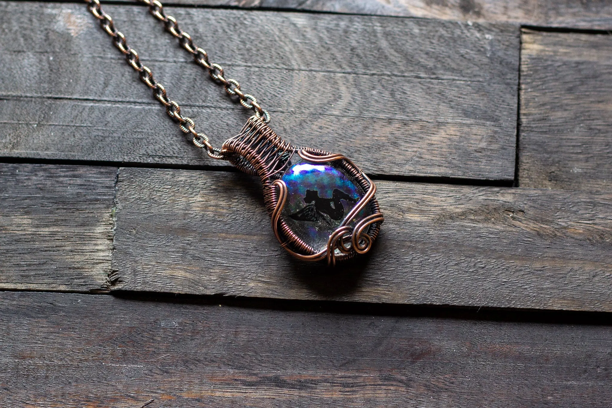 Dreamy Fairy Pendant on Iridescent Fused Glass with Copper Wire Wrapping