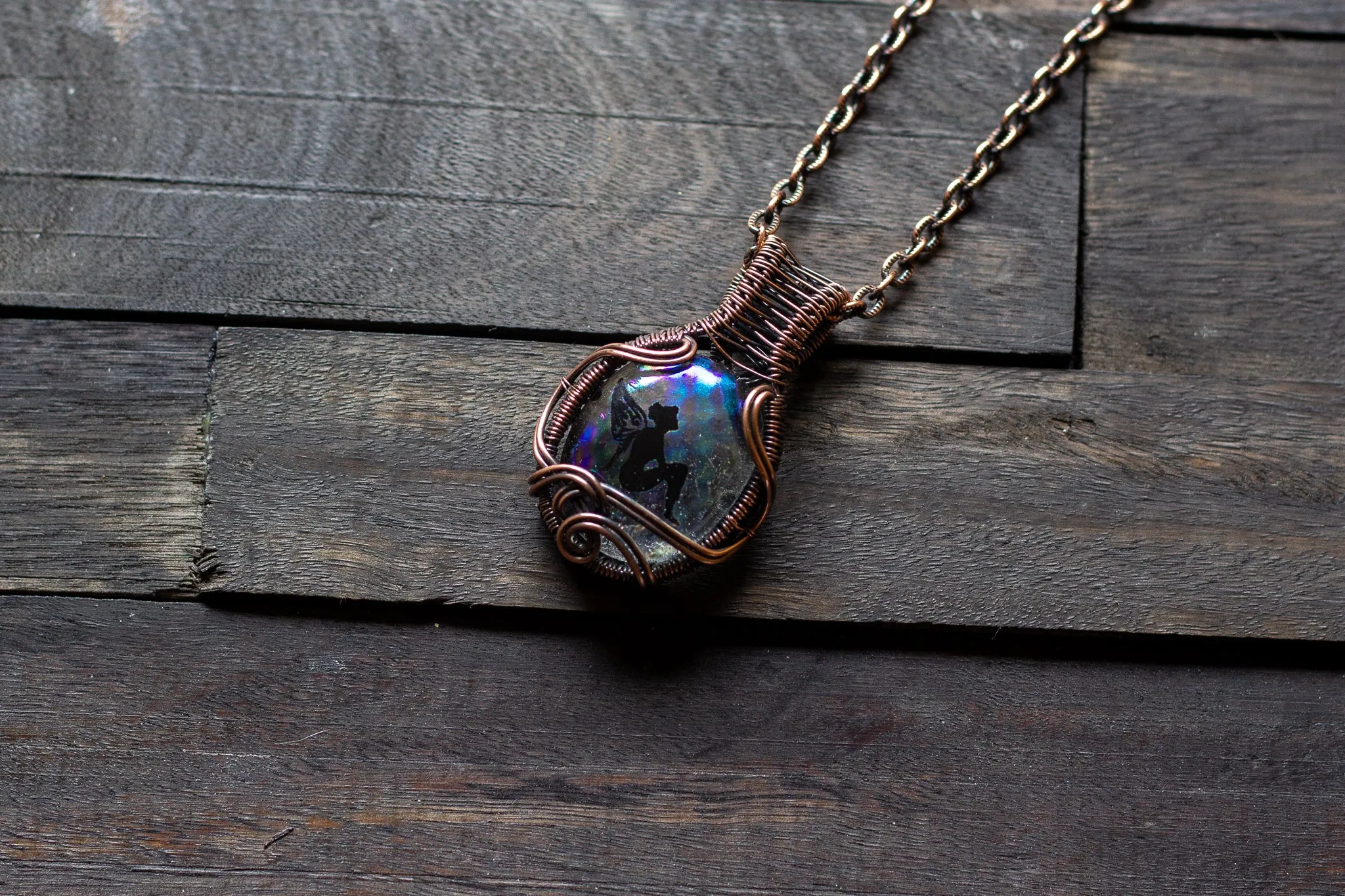 Dreamy Fairy Pendant on Iridescent Fused Glass with Copper Wire Wrapping