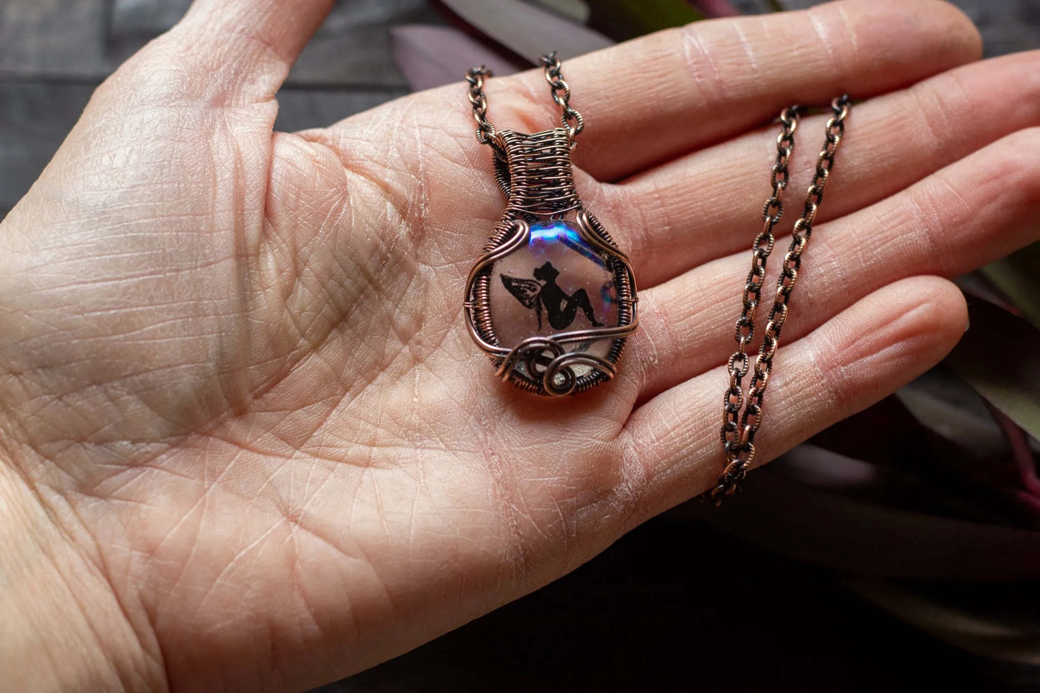 Dreamy Fairy Pendant on Iridescent Fused Glass with Copper Wire Wrapping