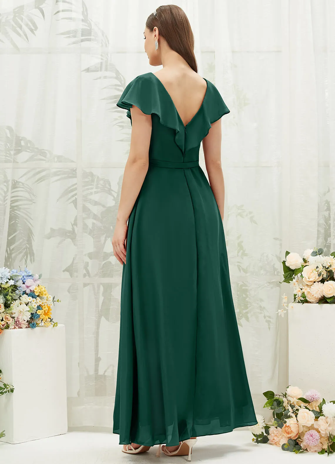 Emerald Green Chiffon Ruffle Sleeve V-Neck Slit Maxi Bridesmaid Dress