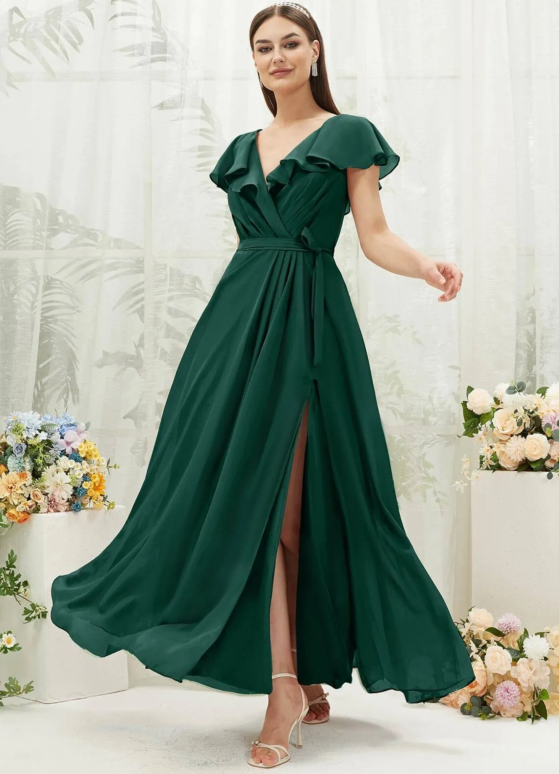 Emerald Green Chiffon Ruffle Sleeve V-Neck Slit Maxi Bridesmaid Dress