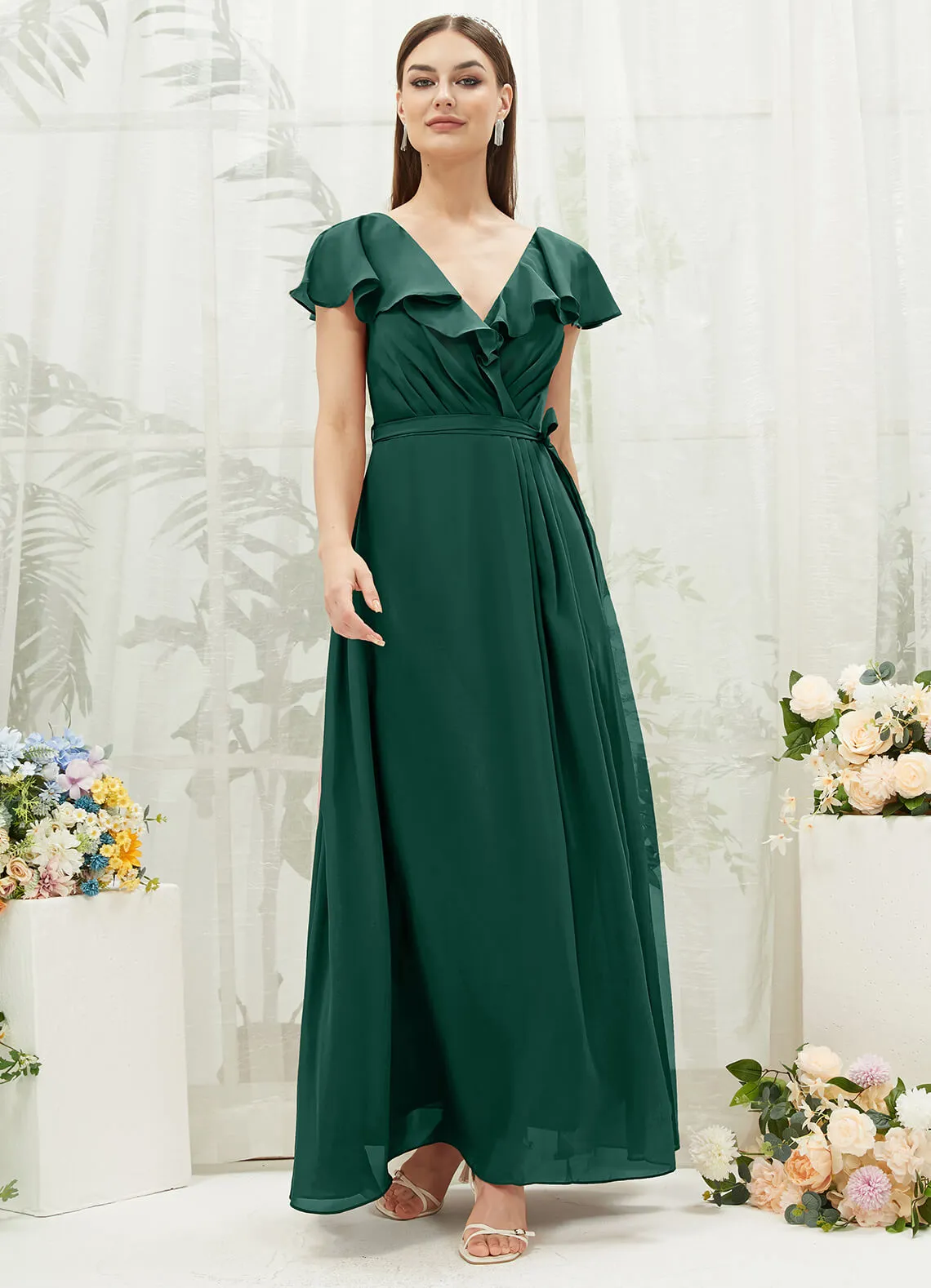Emerald Green Chiffon Ruffle Sleeve V-Neck Slit Maxi Bridesmaid Dress