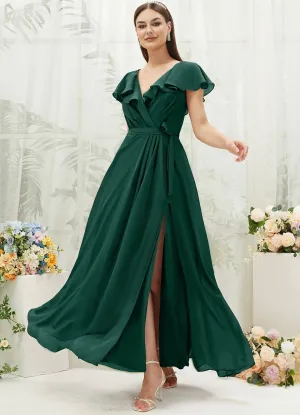 Emerald Green Chiffon Ruffle Sleeve V-Neck Slit Maxi Bridesmaid Dress