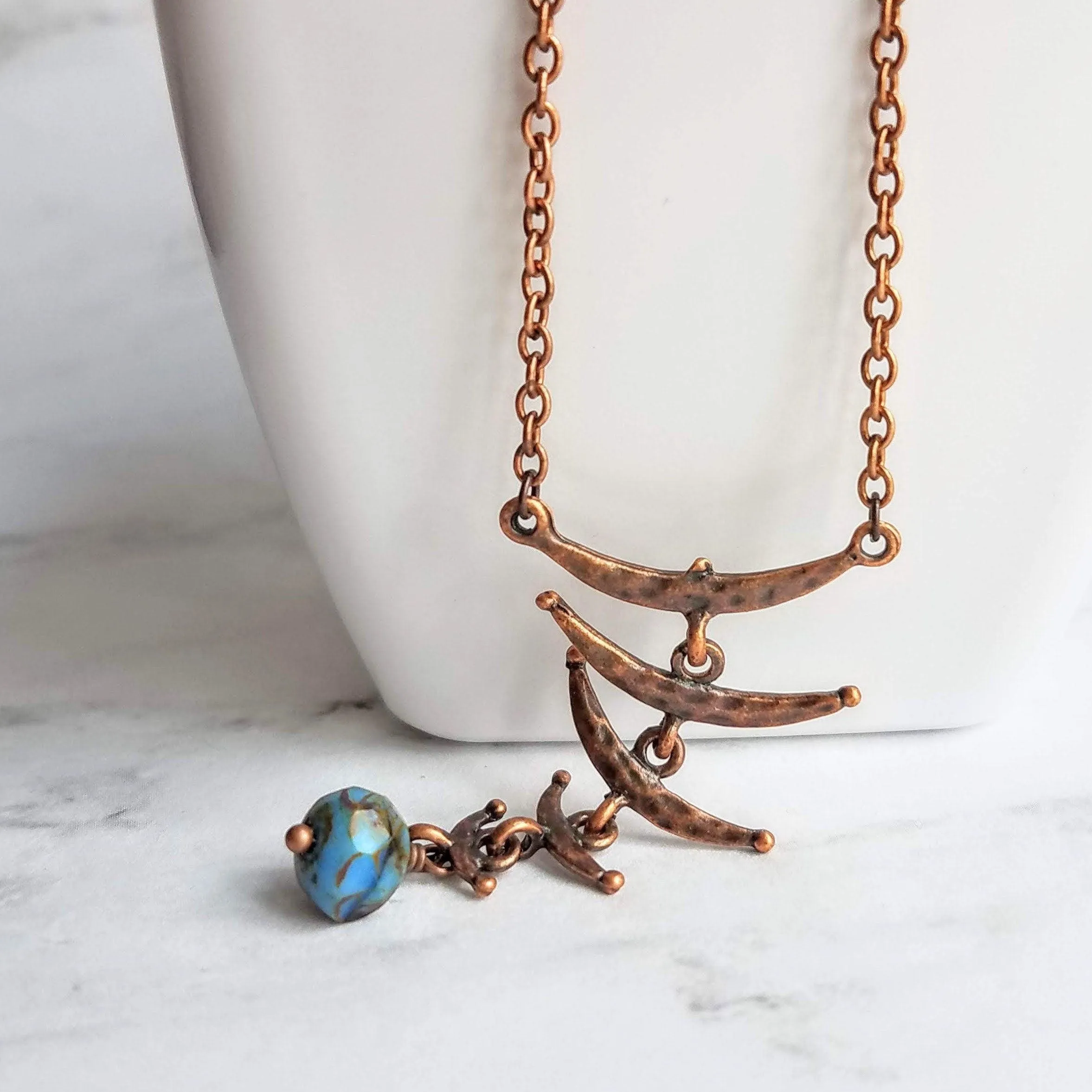 Fish Bone Necklace - antique copper finish back spine vertebrae link abstract rustic brown red hammered pendant - thin delicate chain