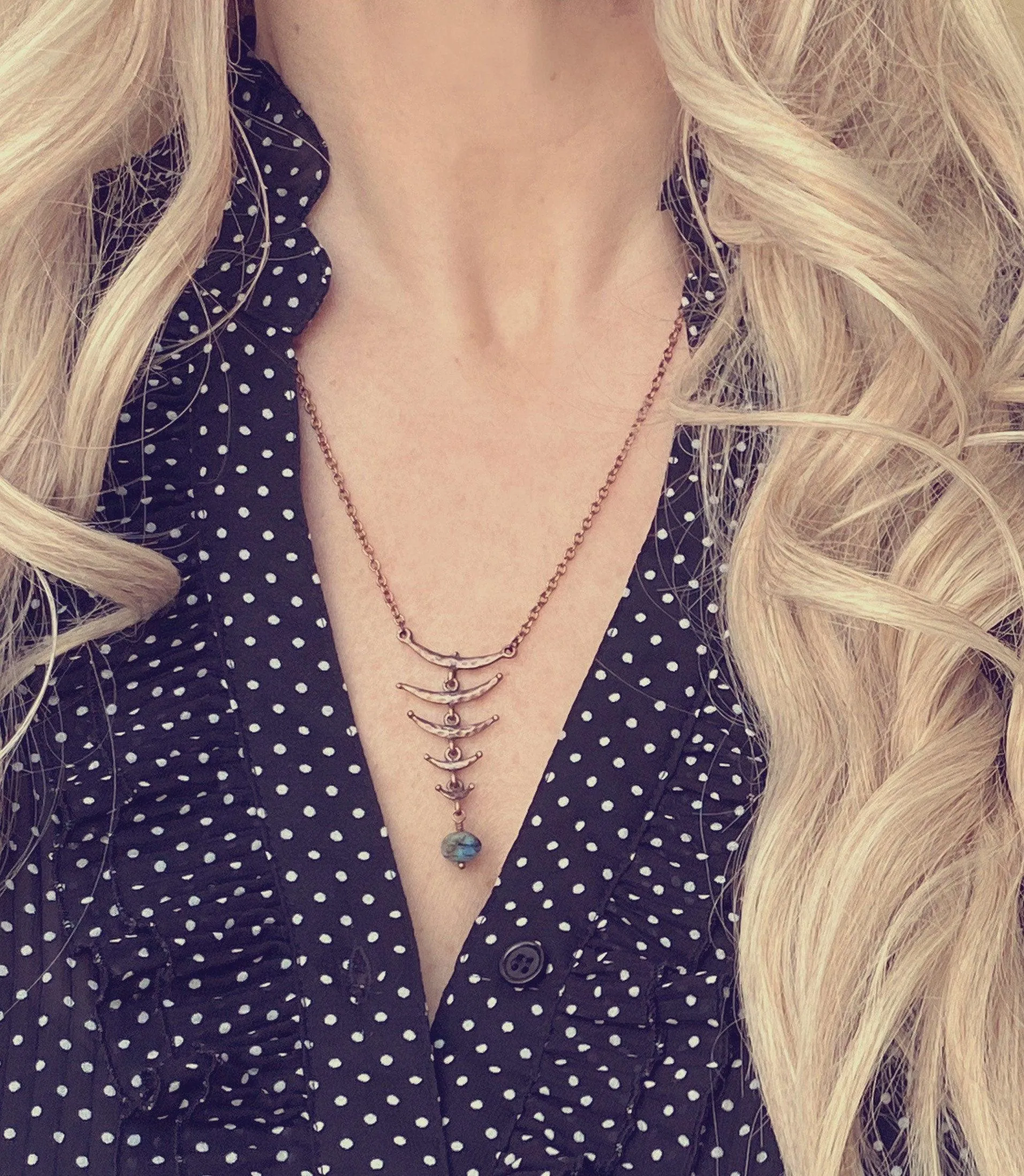 Fish Bone Necklace - antique copper finish back spine vertebrae link abstract rustic brown red hammered pendant - thin delicate chain
