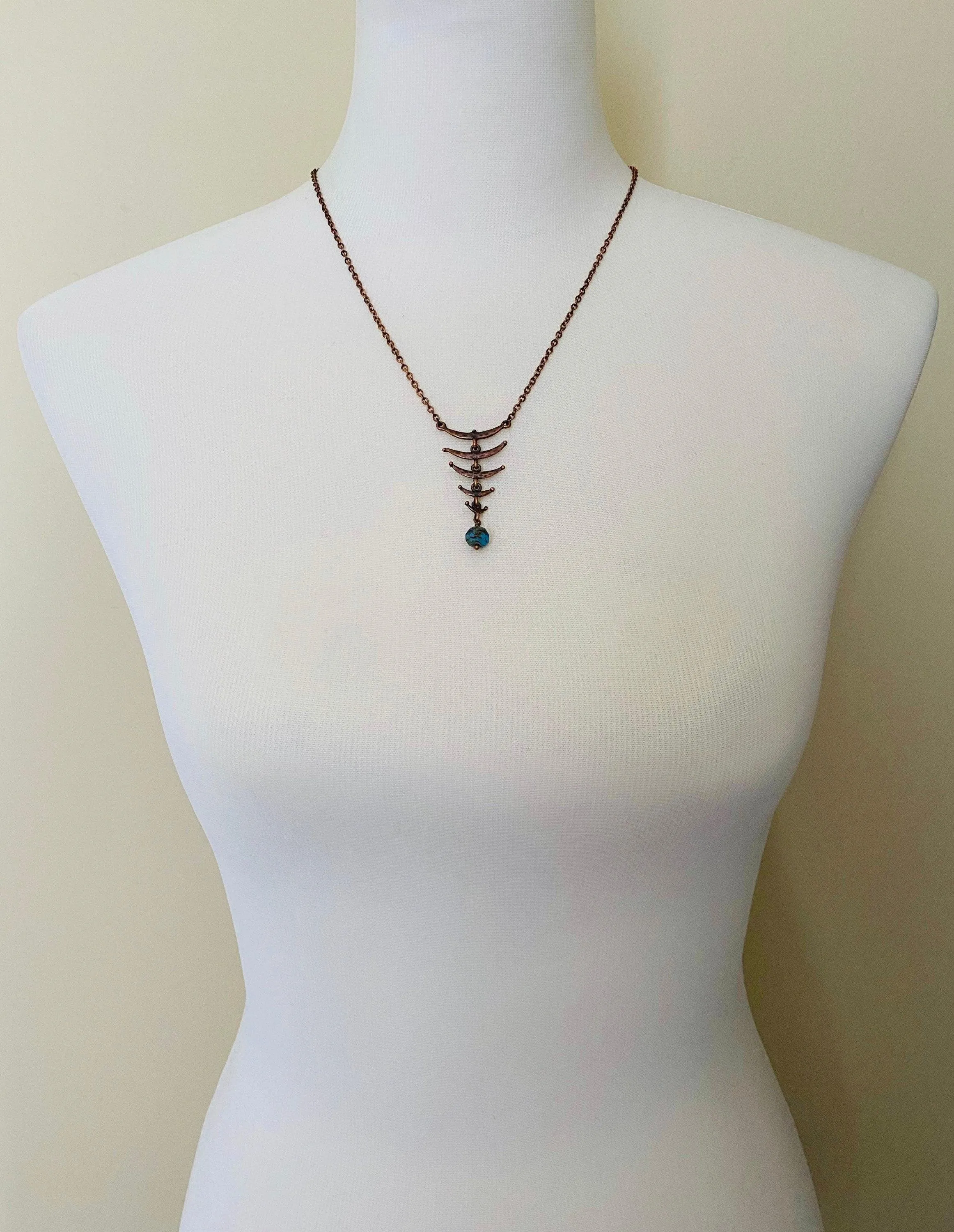 Fish Bone Necklace - antique copper finish back spine vertebrae link abstract rustic brown red hammered pendant - thin delicate chain