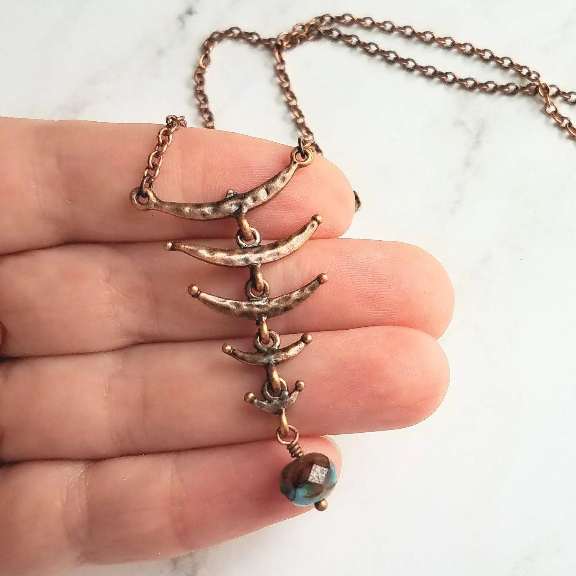 Fish Bone Necklace - antique copper finish back spine vertebrae link abstract rustic brown red hammered pendant - thin delicate chain