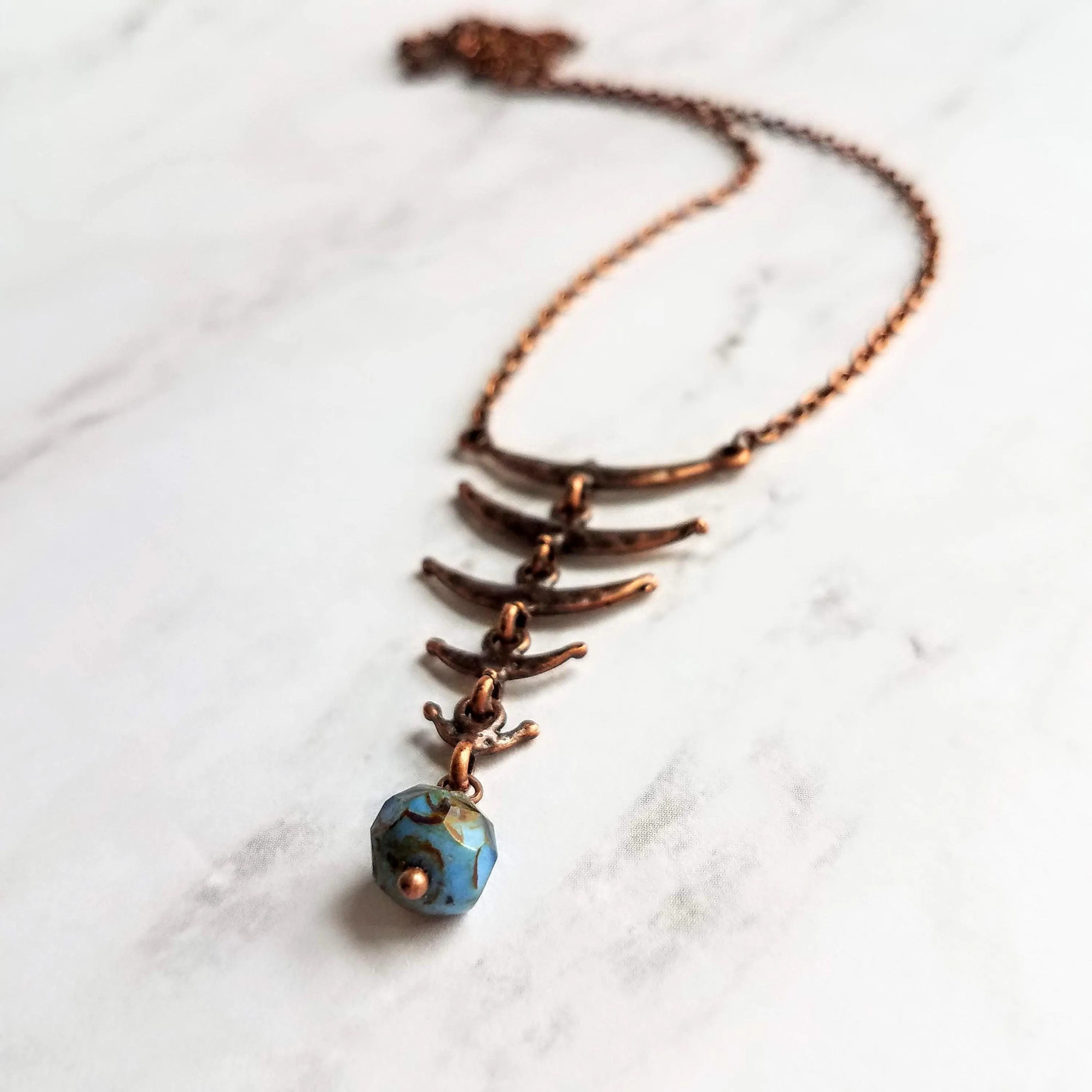 Fish Bone Necklace - antique copper finish back spine vertebrae link abstract rustic brown red hammered pendant - thin delicate chain