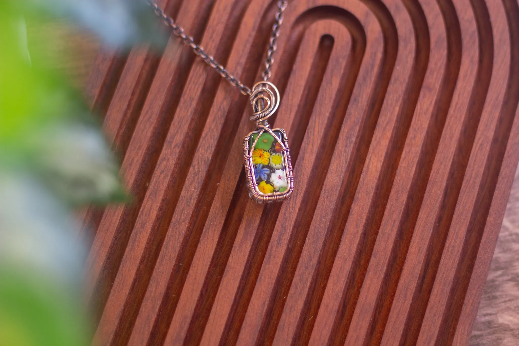 Floral Fused Glass and Copper Wire Statement Bar Pendant