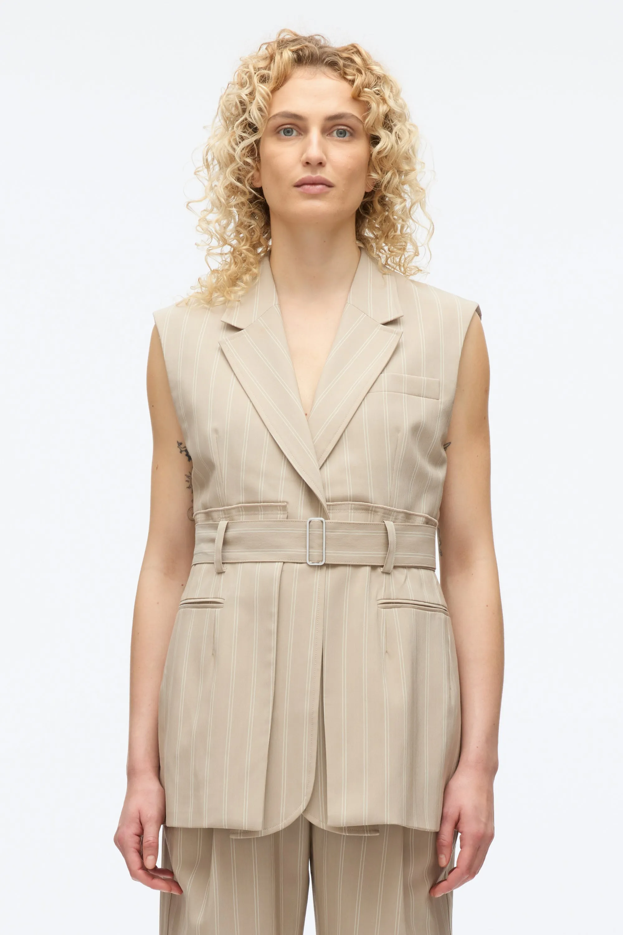 Fluid Pinstripe Belted Blazer Vest