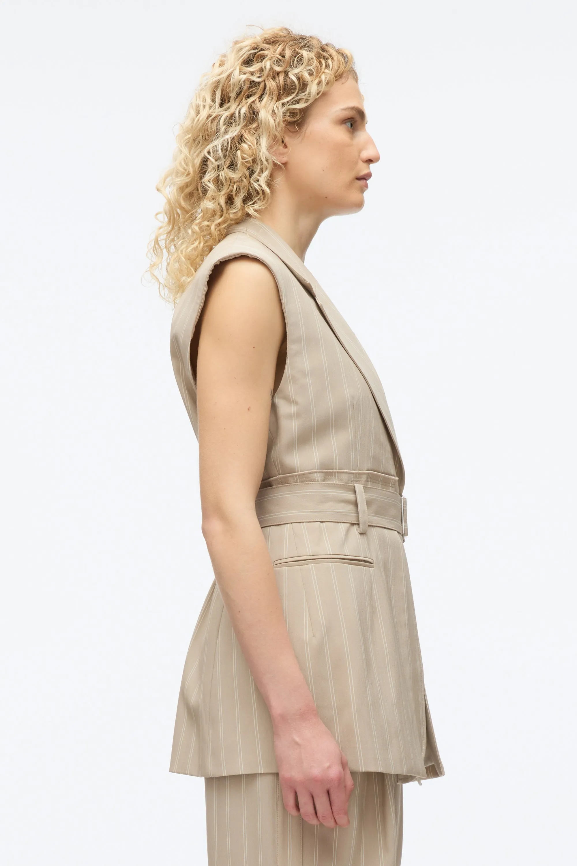 Fluid Pinstripe Belted Blazer Vest