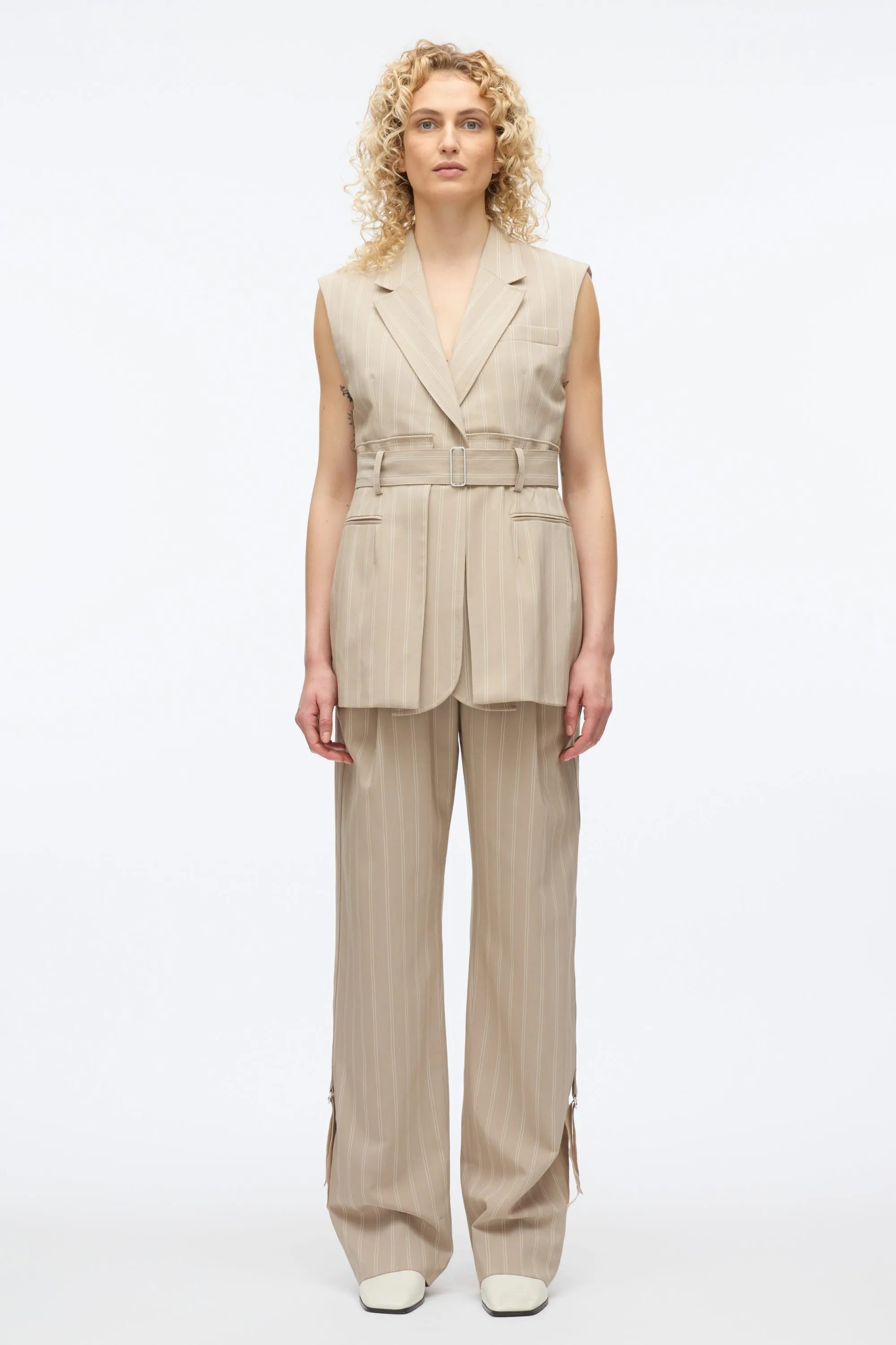 Fluid Pinstripe Belted Blazer Vest
