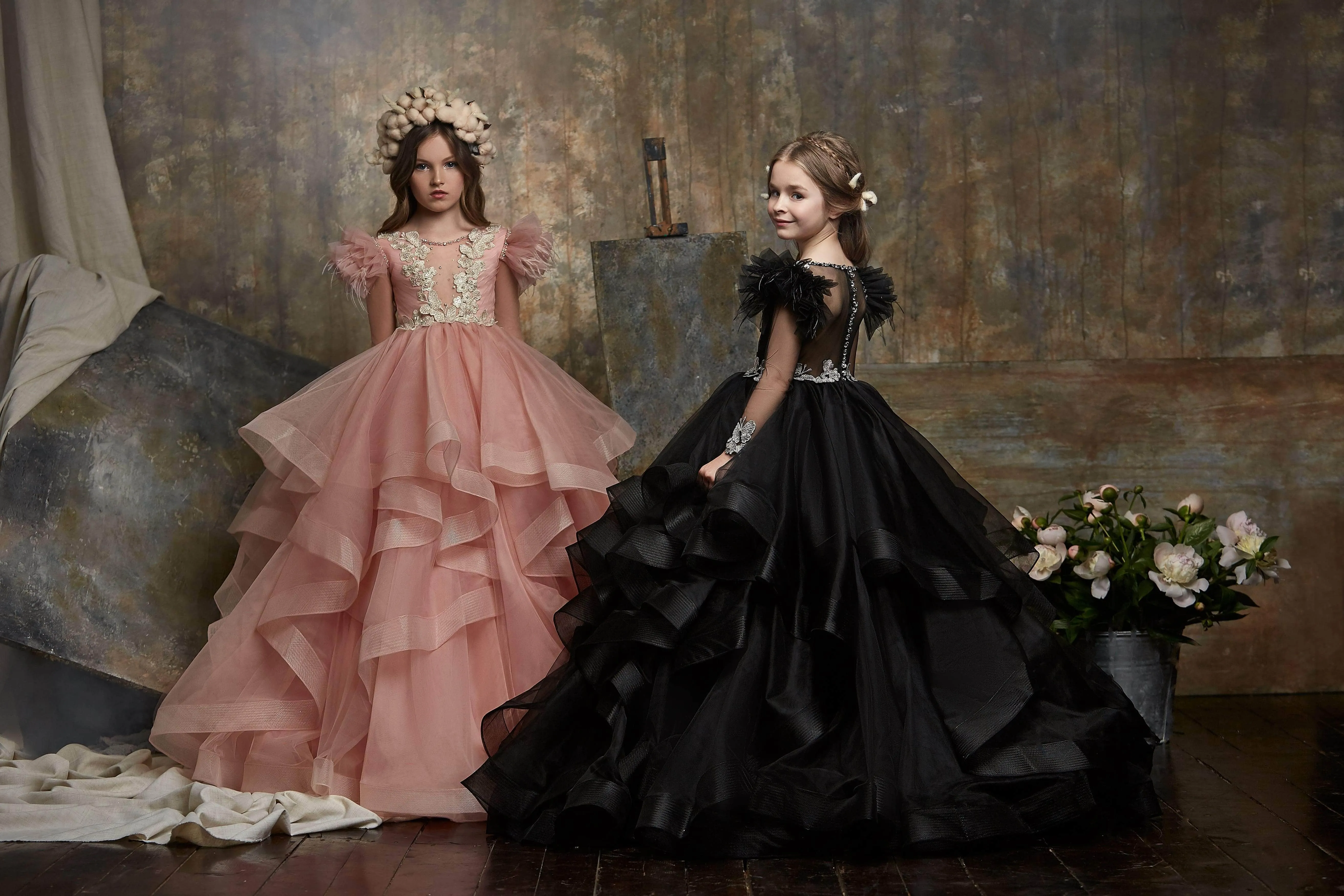 Girls Black Asymmetrical Waterfall Ruffle Gown Dress