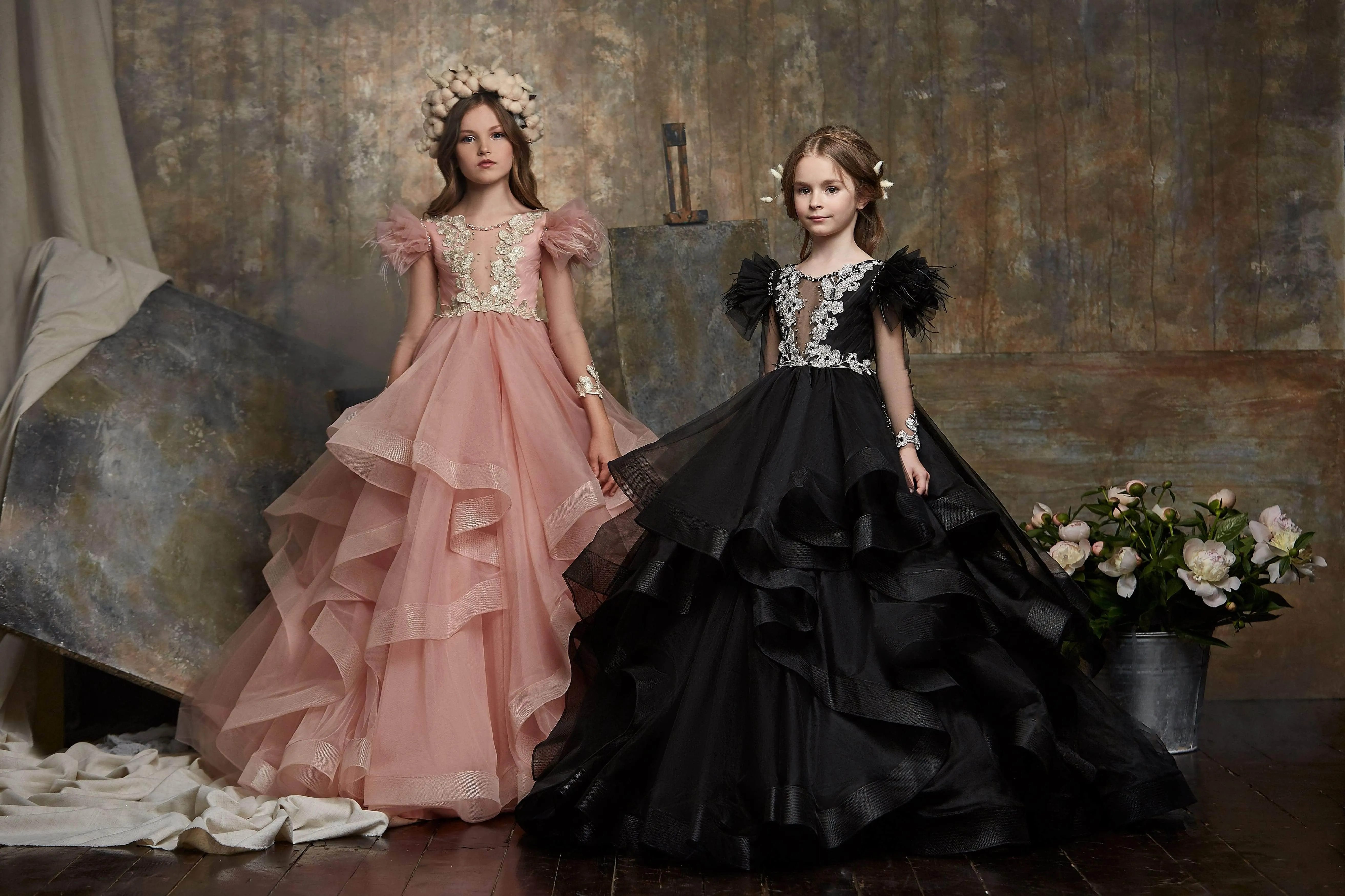 Girls Black Asymmetrical Waterfall Ruffle Gown Dress