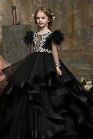 Girls Black Asymmetrical Waterfall Ruffle Gown Dress