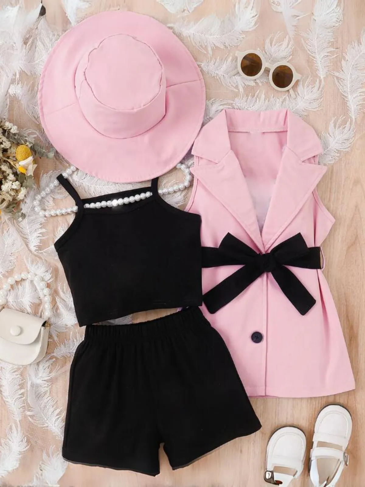 Girls Chic Belted Sleeveless Blazer with Hat 4pc Set