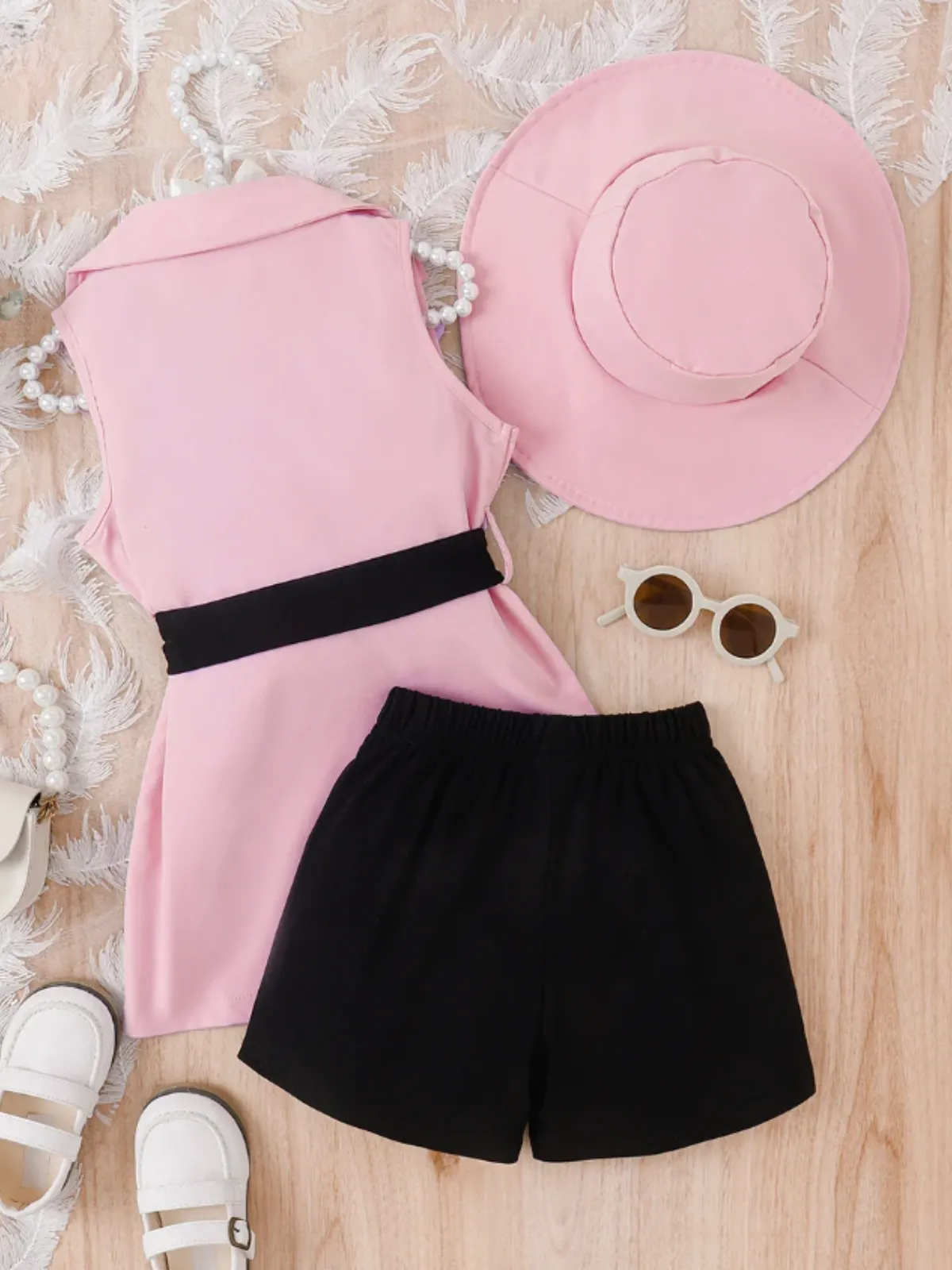 Girls Chic Belted Sleeveless Blazer with Hat 4pc Set