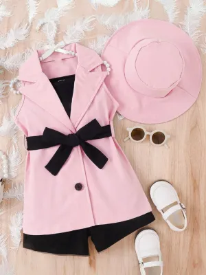 Girls Chic Belted Sleeveless Blazer with Hat 4pc Set