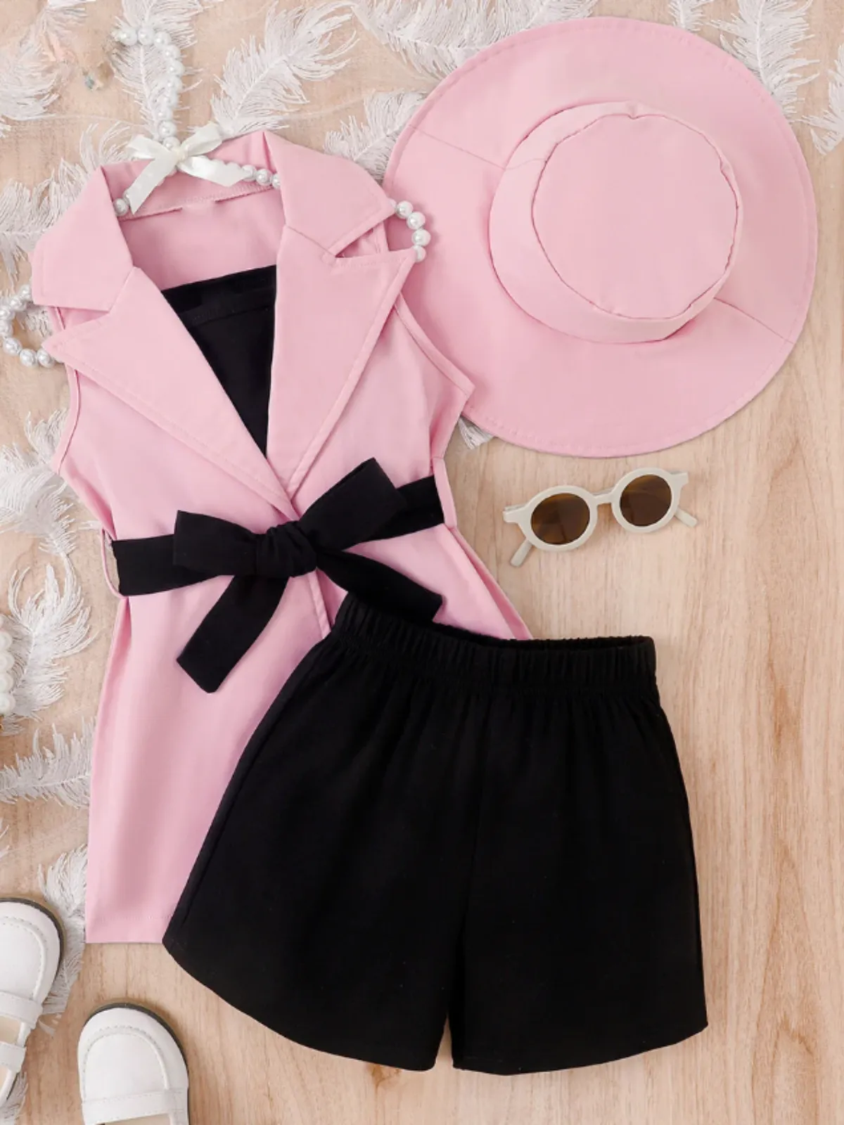 Girls Chic Belted Sleeveless Blazer with Hat 4pc Set