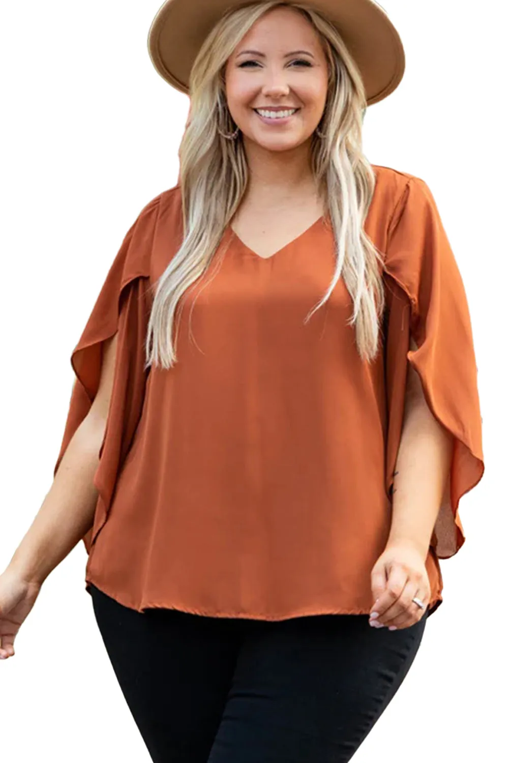 Gold Flame Plus Size Wrapped Ruffled Sleeve V Neck Jumper