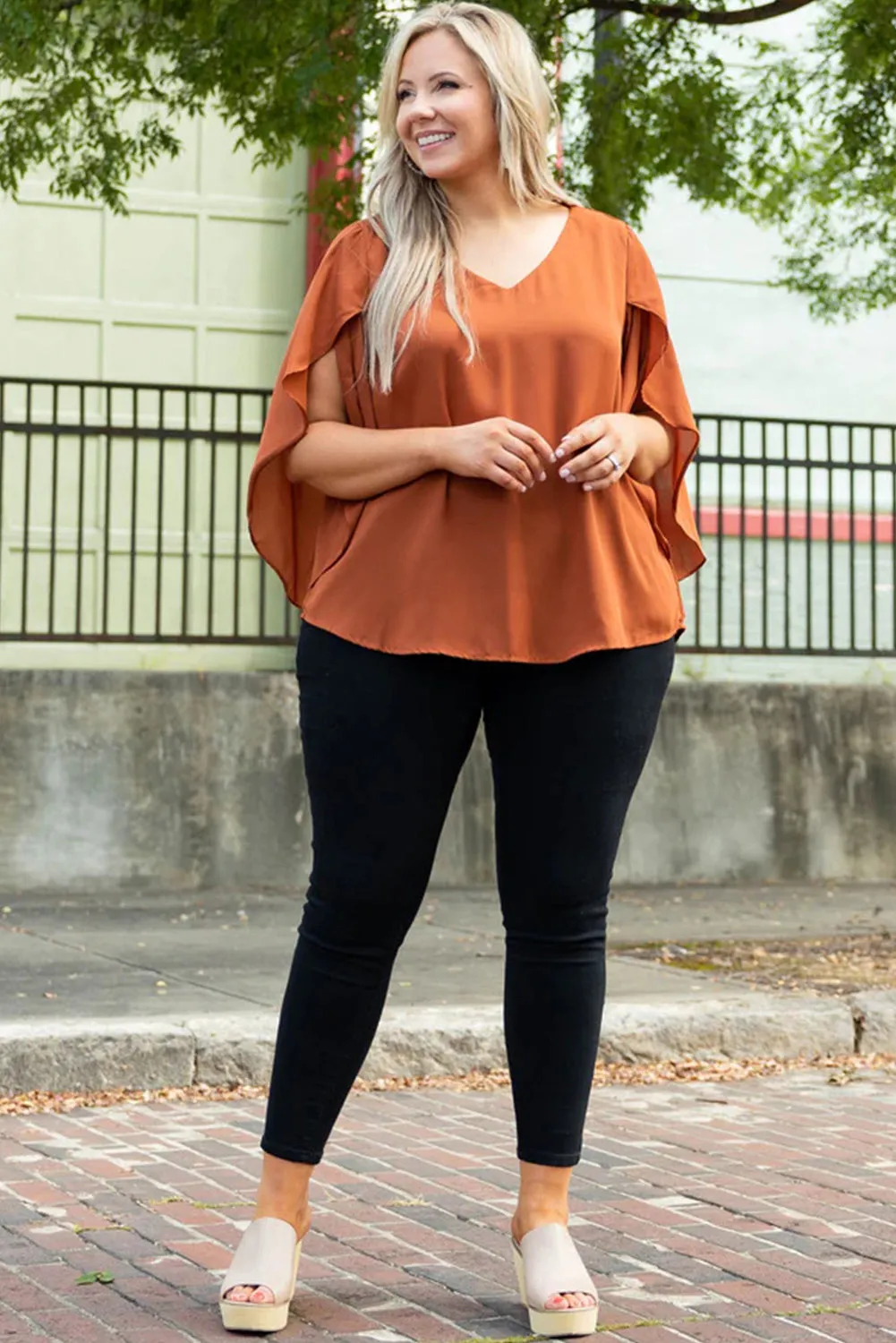 Gold Flame Plus Size Wrapped Ruffled Sleeve V Neck Jumper