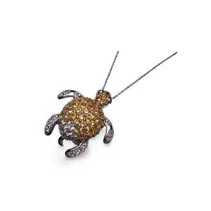 Gorgeous Estate 14K White Gold Diamond Citrine Turtle Pendant Necklace