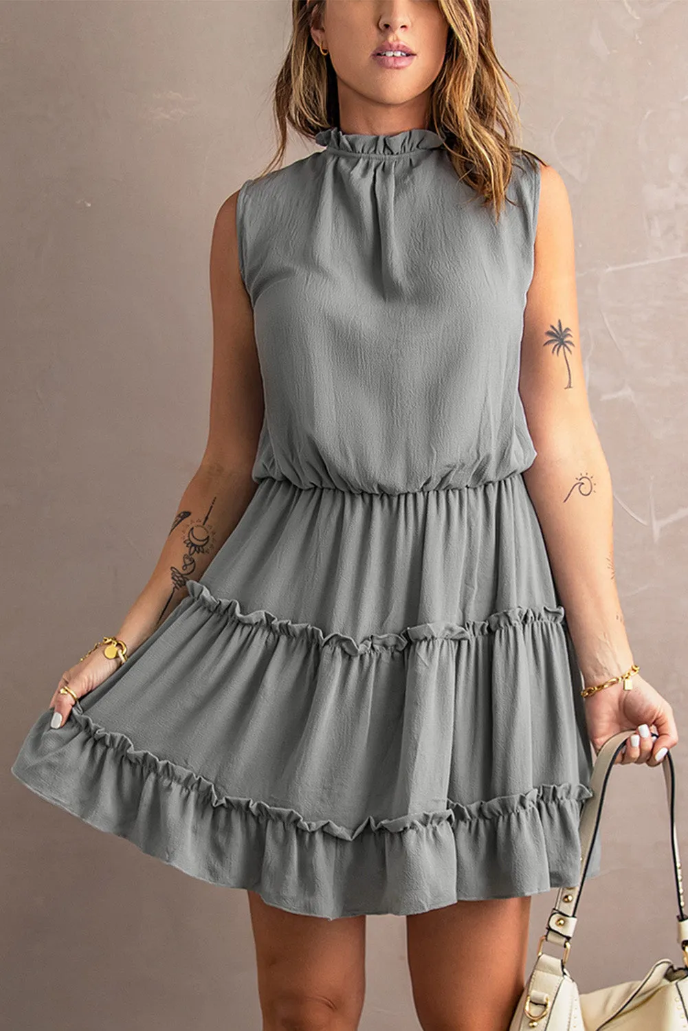 Gray Sleeveless V Neck Ruffled Swing Mini Dress