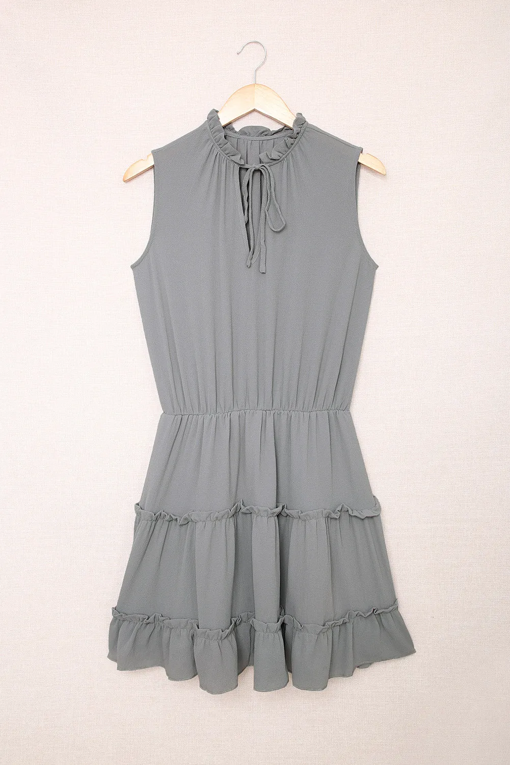 Gray Sleeveless V Neck Ruffled Swing Mini Dress