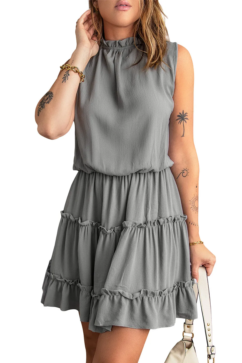 Gray Sleeveless V Neck Ruffled Swing Mini Dress