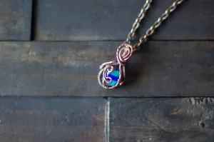 Green and Blue Fused Glass Teardrop Pendant with Copper Wire Wrapping