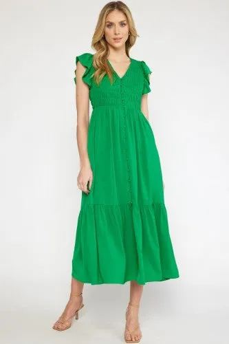 Green Ruched Top V Neck Midi Dress