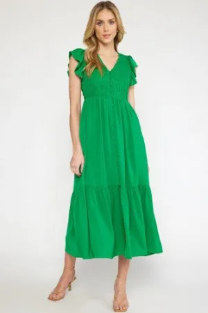 Green Ruched Top V Neck Midi Dress
