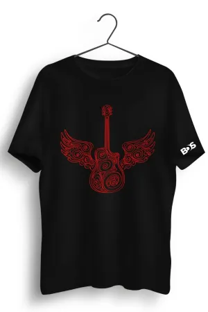 Guitar Wings Red Graphic Printed Black Tshirt