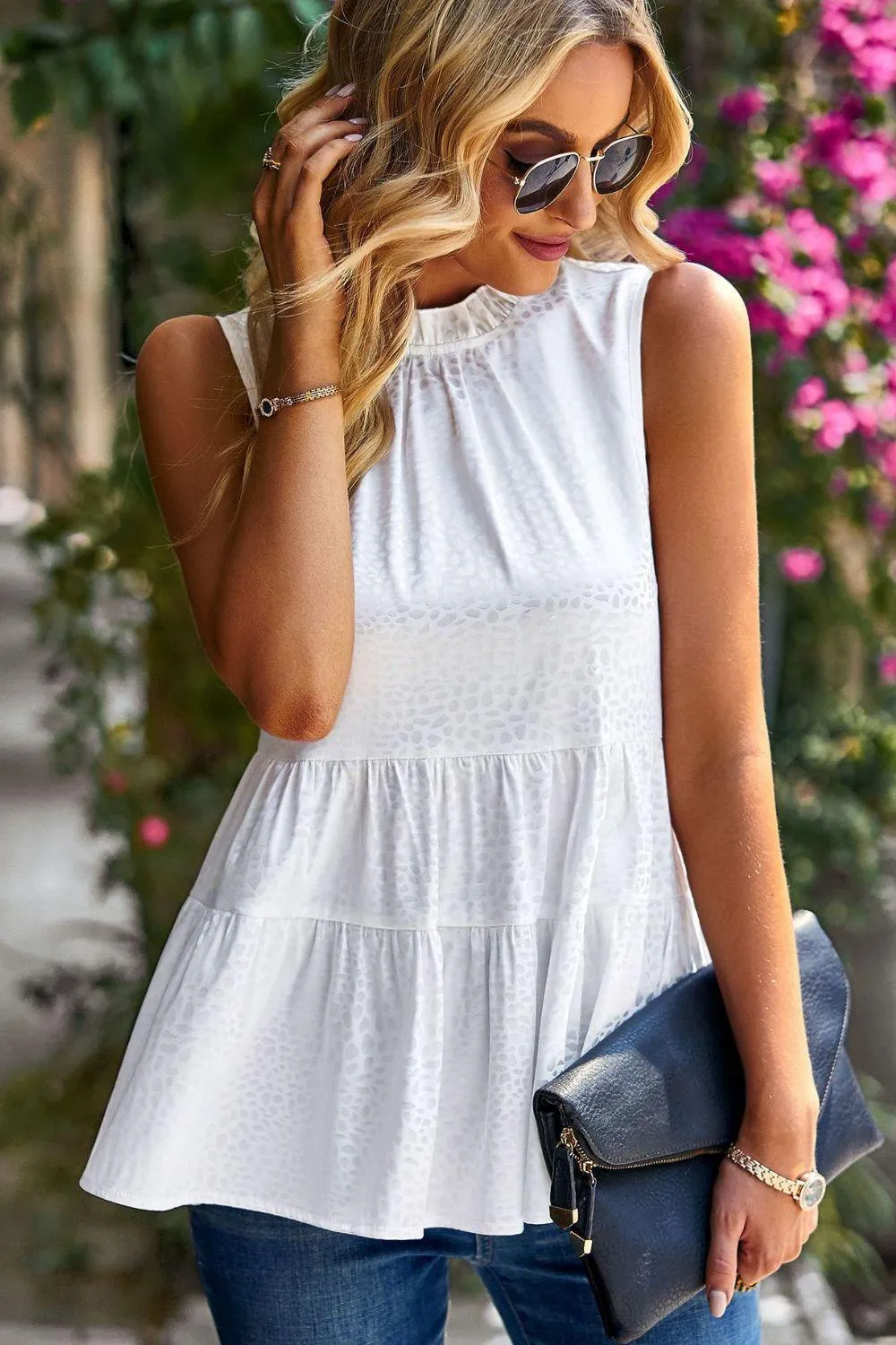 Hazel Blues® |  Dotted Frill Trim Sleeveless Tiered Top