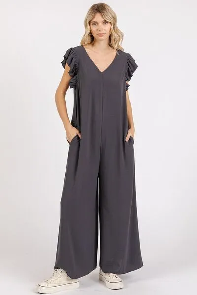 Hazel Blues® |  Mittoshop V-Neck Ruffled Cap Sleeve Wide Leg Jumpsuit