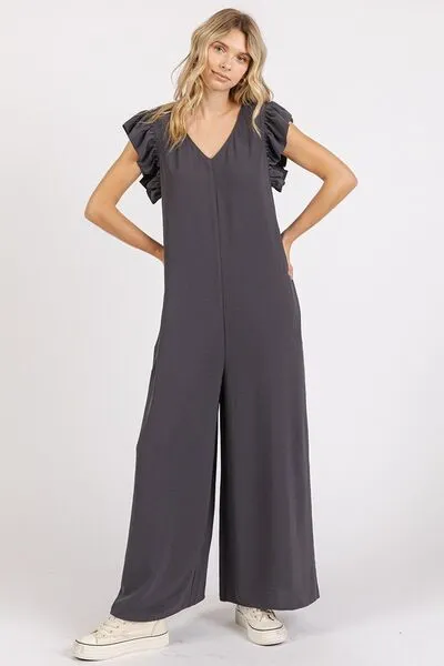 Hazel Blues® |  Mittoshop V-Neck Ruffled Cap Sleeve Wide Leg Jumpsuit