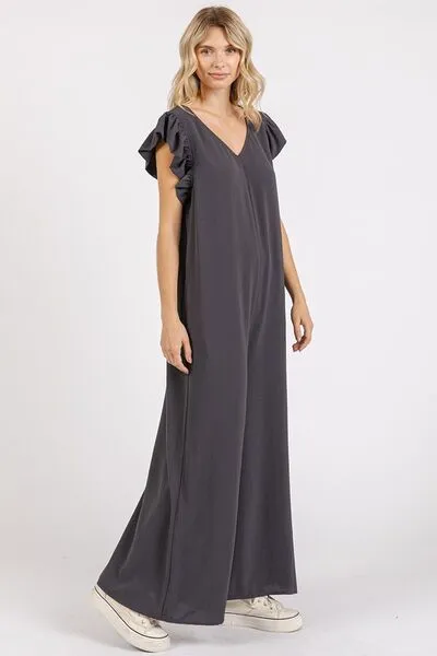 Hazel Blues® |  Mittoshop V-Neck Ruffled Cap Sleeve Wide Leg Jumpsuit