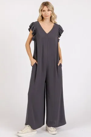 Hazel Blues® |  Mittoshop V-Neck Ruffled Cap Sleeve Wide Leg Jumpsuit