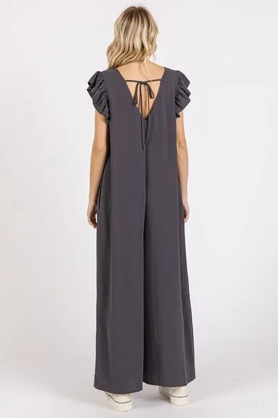 Hazel Blues® |  Mittoshop V-Neck Ruffled Cap Sleeve Wide Leg Jumpsuit