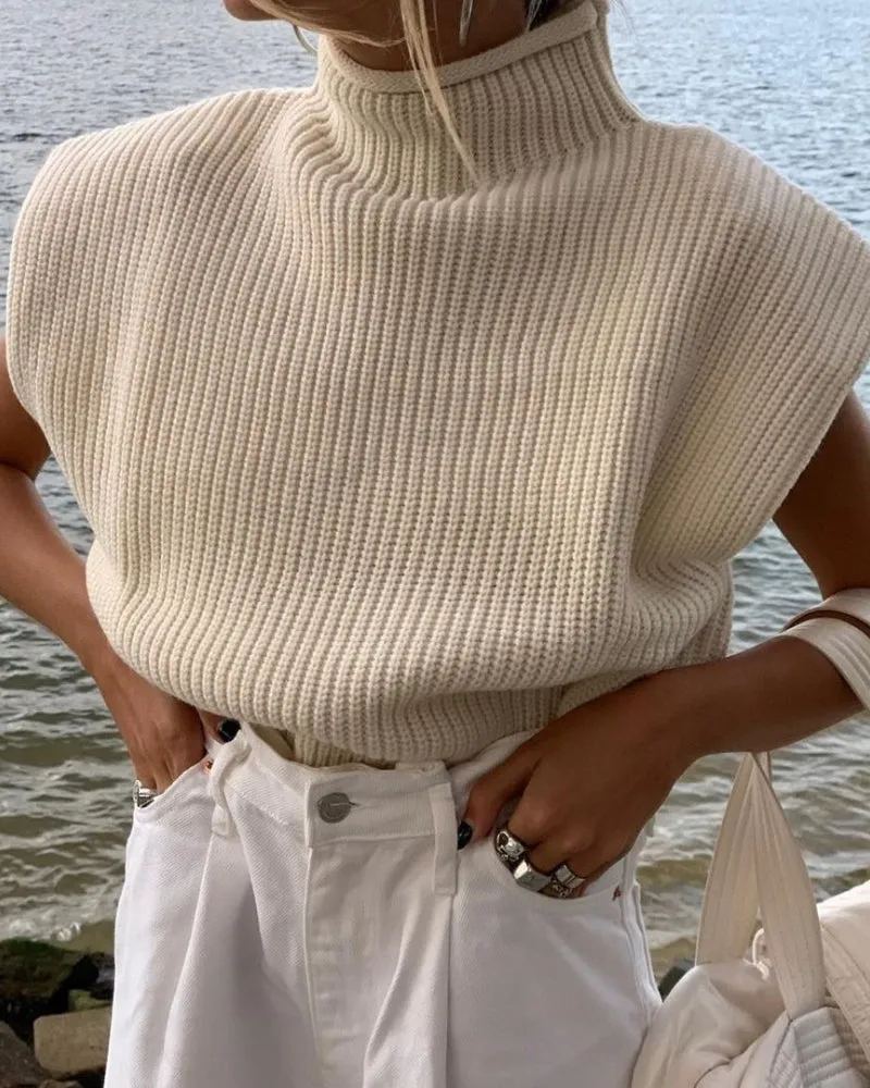 High-collared Shoulder Padded Pads Sleeveless Sweater