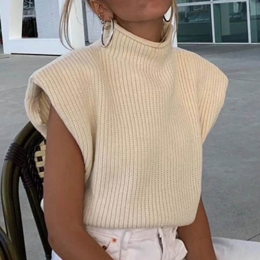 High-collared Shoulder Padded Pads Sleeveless Sweater