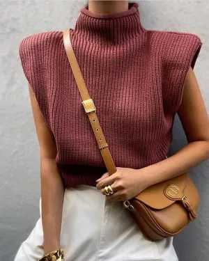 High-collared Shoulder Padded Pads Sleeveless Sweater
