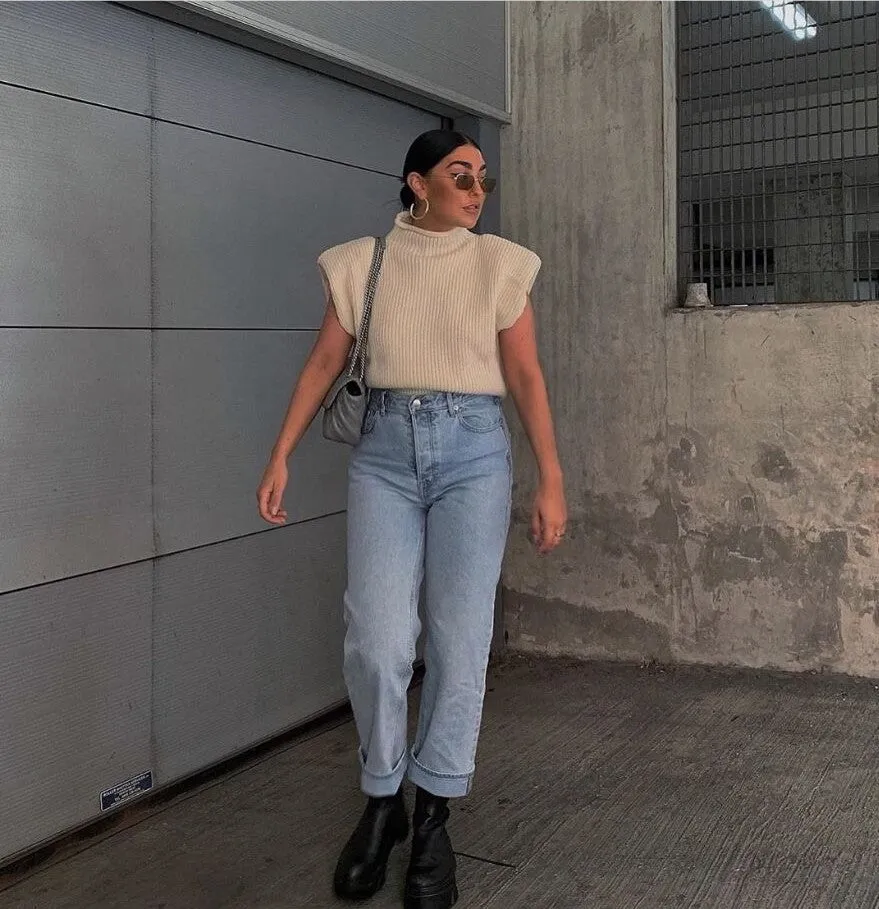 High-collared Shoulder Padded Pads Sleeveless Sweater