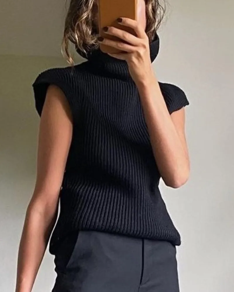 High-collared Shoulder Padded Pads Sleeveless Sweater