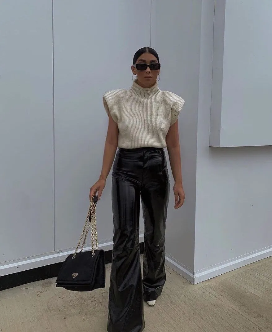 High-collared Shoulder Padded Pads Sleeveless Sweater