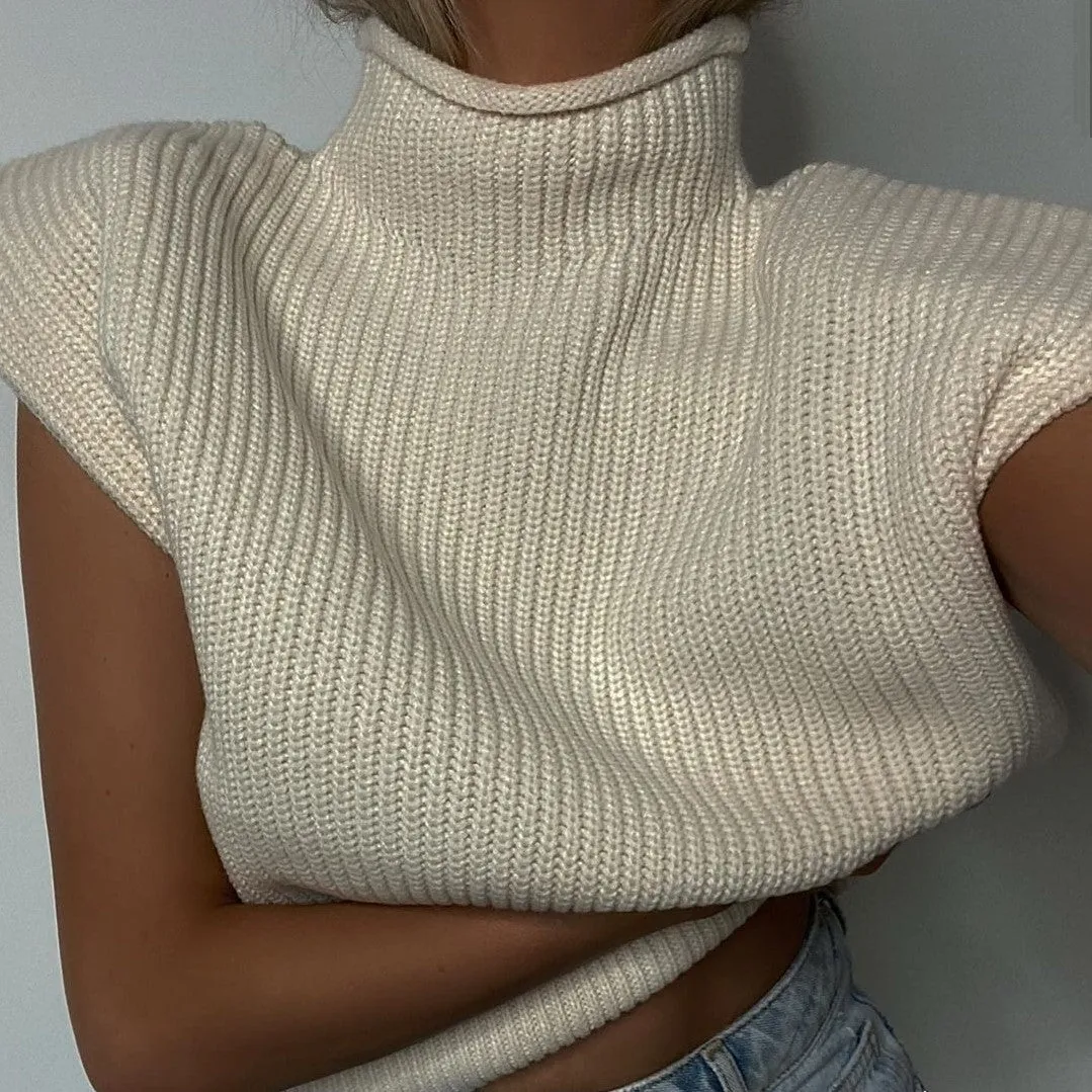 High-collared Shoulder Padded Pads Sleeveless Sweater